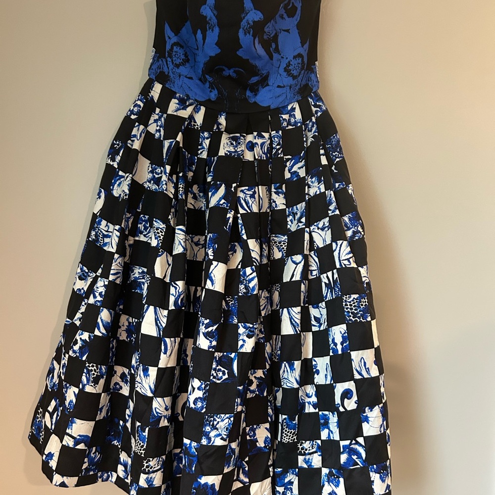 Tibi New York Strapless Floral Checkered Midi Dress Size 4 Pockets